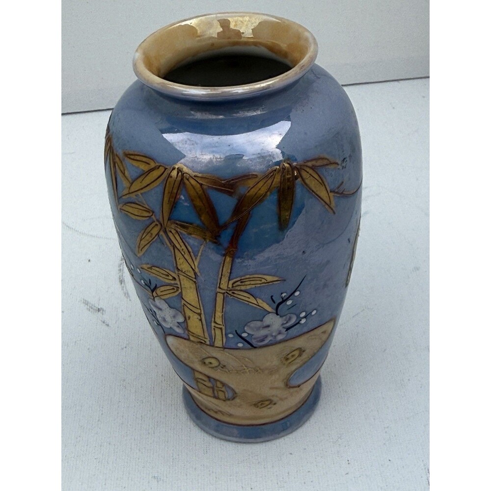Blue Glossy Ceramic Vase w/ Bamboo Floral Pattern, Nature Theme, Beige Brown